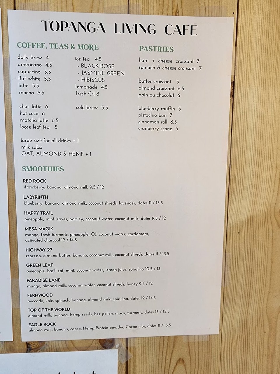 Displayed menu with brekky plates and baked goods.